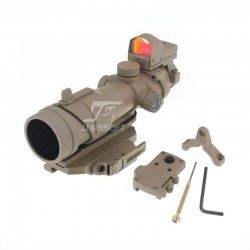 JA-5347-TAN | JJ Airsoft ACOG Style 4x32 Scope Red / Green Reticle with Mini Red Dot and Killflash, QD Mount Ver.2 (Tan) 